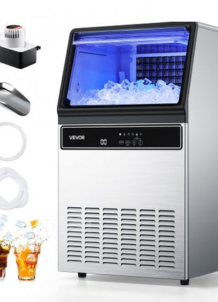 Commercial Ice Maker Machine with Pump, 130Lbs/24H with 33Lbs Storage, 45 Cubes per Cycle, Freestanding & Under Counter Ice Maker with LED Display & Self-Cleaning, for Home Bar Restaurant