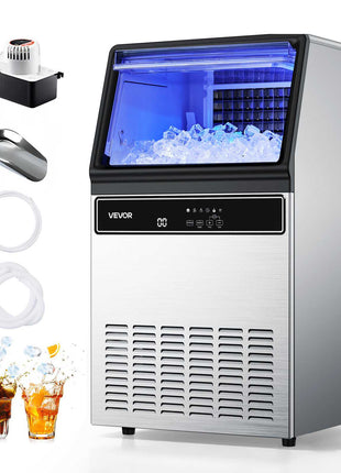 Commercial Ice Maker Machine with Pump, 130Lbs/24H with 33Lbs Storage, 45 Cubes per Cycle, Freestanding & Under Counter Ice Maker with LED Display & Self-Cleaning, for Home Bar Restaurant