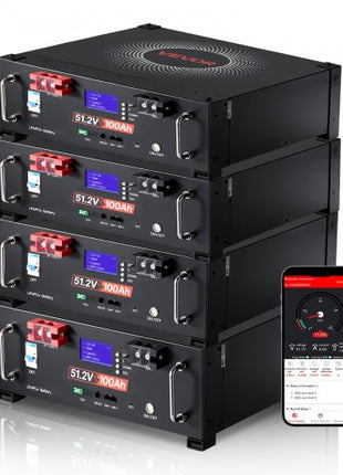 48V 400Ah LiFePO4 Lithium Battery, 4 Pack 100Ah, 20.48kWh Capacity, 51.2V Server Rack LiFePO4 Battery with Bluetooth, Max 6000 Cycles, LCD Display, for Off-Grid, Solar System, Backup Power