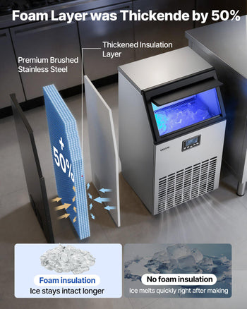 Commercial Ice Maker Machine with Pump, 100 lbs/24h with 26 lbs Storage Capacity, Built-in/Freestanding/Under Counter, Stainless Steel Ice Maker with LED Display & Self-Cleaning, for Home Bar