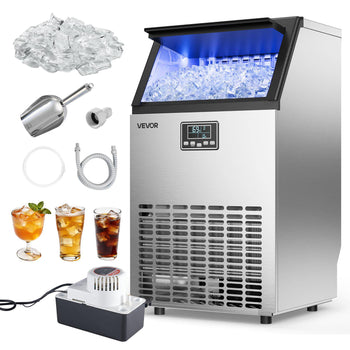 Commercial Ice Maker Machine with Pump, 100 lbs/24h with 26 lbs Storage Capacity, Built-in/Freestanding/Under Counter, Stainless Steel Ice Maker with LED Display & Self-Cleaning, for Home Bar
