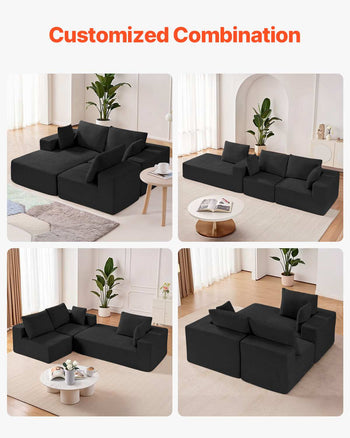 Modular Sectional Sofa, L Shaped Modular Sofa with Chaise, Cloud Sectional Couch with High Rebound Sponge and Density, Upholstered Corduroy Couch with Cushion for Living Room, Bedroom, Black