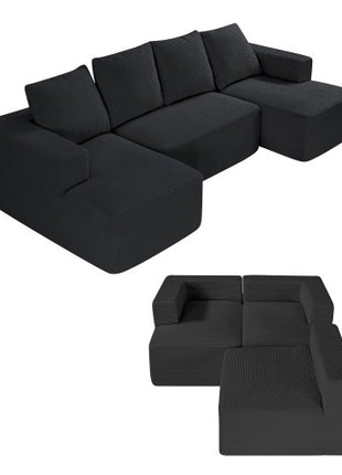 Modular Sectional Sofa, U Shaped Modular Sofa with Chaise, Cloud Sectional Couch with High Rebound Sponge and Density, Upholstered Corduroy Couch with Cushion for Living Room, Bedroom, Black