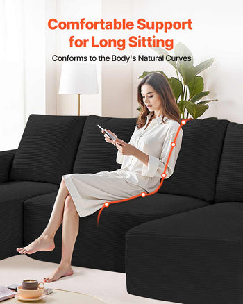 Modular Sectional Sofa, U Shaped Modular Sofa with Chaise, Cloud Sectional Couch with High Rebound Sponge and Density, Upholstered Corduroy Couch with Cushion for Living Room, Bedroom, Black