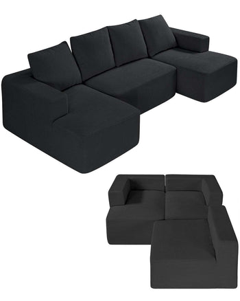 Modular Sectional Sofa, U Shaped Modular Sofa with Chaise, Cloud Sectional Couch with High Rebound Sponge and Density, Upholstered Corduroy Couch with Cushion for Living Room, Bedroom, Black