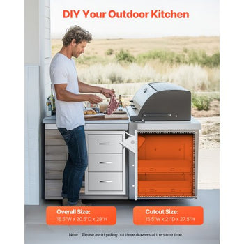 Outdoor Kitchen Drawers, 16.5"W x 29"H x 20.5"D Triple Access Drawers, Stainless Steel Flush Mount Cabinets, BBQ Island Drawers Storage with Paper Towel Holder & Handle, for Patio Grill Station