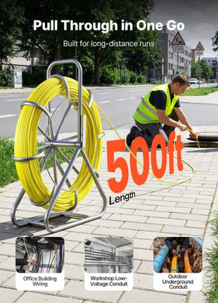Fish Tape Fiberglass, 500FT 6.3MM, Duct Rodder Fishtape Wire Puller with Stand, 1/4-Inch Cable Running Rod, Marked Every 5 Feet, Fishing Tools for Walls and Electrical Conduit, Non-Conductive