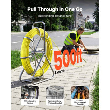 Fish Tape Fiberglass, 500FT 6.3MM, Duct Rodder Fishtape Wire Puller with Stand, 1/4-Inch Cable Running Rod, Marked Every 5 Feet, Fishing Tools for Walls and Electrical Conduit, Non-Conductive