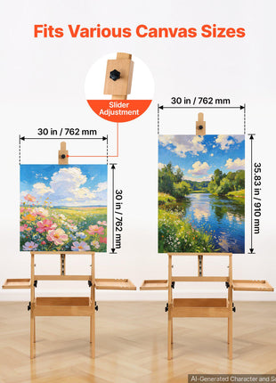 Studio H-Frame Easel Holds Canvas Up to 35.43" Solid Beech Wood Frame, For Artists Painting, Adjustable Height & Angle, Multi-Function Wooden Art Easel with Storage Box & Trays, Natural Color