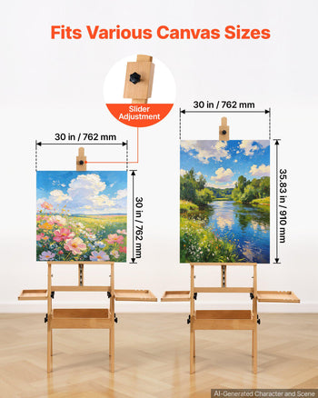 Studio H-Frame Easel Holds Canvas Up to 35.43" Solid Beech Wood Frame, For Artists Painting, Adjustable Height & Angle, Multi-Function Wooden Art Easel with Storage Box & Trays, Natural Color