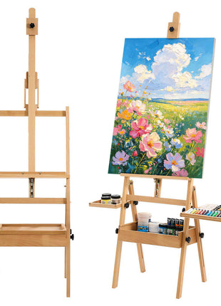 Studio H-Frame Easel Holds Canvas Up to 35.43" Solid Beech Wood Frame, For Artists Painting, Adjustable Height & Angle, Multi-Function Wooden Art Easel with Storage Box & Trays, Natural Color
