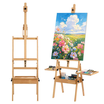 Studio H-Frame Easel Holds Canvas Up to 35.43" Solid Beech Wood Frame, For Artists Painting, Adjustable Height & Angle, Multi-Function Wooden Art Easel with Storage Box & Trays, Natural Color