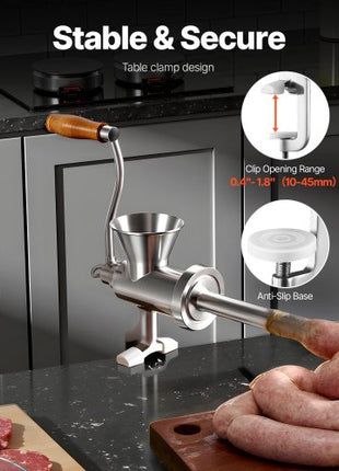 Manual Meat Grinder, 304 Stainless Steel Hand Crank Meat Mincer with Steel Table Clamp, Sausage Stuffer with 2 Cutting Plates & 4 Sausage Tubes, Food Grinder for Beef Chili Pork Kitchen Tabletop