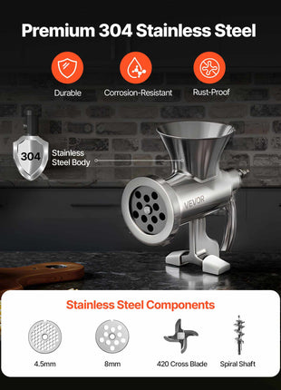 Manual Meat Grinder, 304 Stainless Steel Hand Crank Meat Mincer with Steel Table Clamp, Sausage Stuffer with 2 Cutting Plates & 4 Sausage Tubes, Food Grinder for Beef Chili Pork Kitchen Tabletop