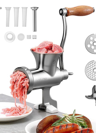 Manual Meat Grinder, 304 Stainless Steel Hand Crank Meat Mincer with Steel Table Clamp, Sausage Stuffer with 2 Cutting Plates & 4 Sausage Tubes, Food Grinder for Beef Chili Pork Kitchen Tabletop