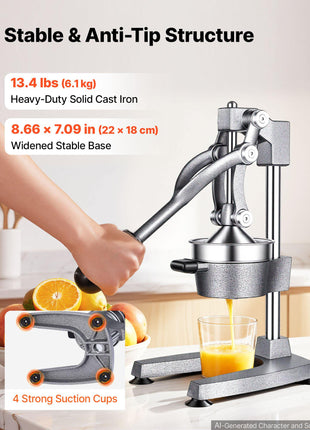 Manual Citrus Juicer, 15" Tall Hand Press Orange Juicer, Manual Fresh Juice Extractor for Lemon Pomegranate Grapefruit, Heavy-Duty Cast Iron, Easy to Clean, Home & Commercial Use, Silver Gray