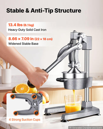 Manual Citrus Juicer, 15" Tall Hand Press Orange Juicer, Manual Fresh Juice Extractor for Lemon Pomegranate Grapefruit, Heavy-Duty Cast Iron, Easy to Clean, Home & Commercial Use, Silver Gray