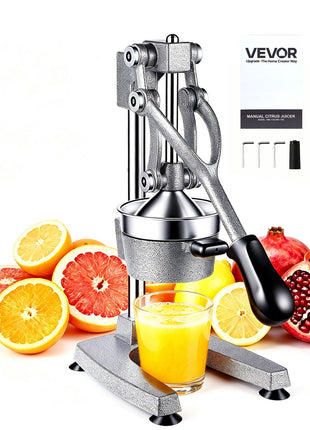 Manual Citrus Juicer, 15" Tall Hand Press Orange Juicer, Manual Fresh Juice Extractor for Lemon Pomegranate Grapefruit, Heavy-Duty Cast Iron, Easy to Clean, Home & Commercial Use, Silver Gray