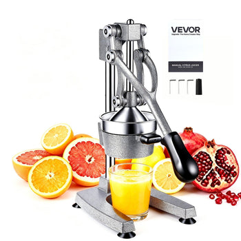 Manual Citrus Juicer, 15" Tall Hand Press Orange Juicer, Manual Fresh Juice Extractor for Lemon Pomegranate Grapefruit, Heavy-Duty Cast Iron, Easy to Clean, Home & Commercial Use, Silver Gray