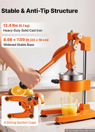 Manual Citrus Juicer, 15" Tall Hand Press Orange Juicer, Manual Fresh Juice Extractor for Lemon Pomegranate Grapefruit, Heavy-Duty Cast Iron, Easy to Clean, Home & Commercial Use, Orange
