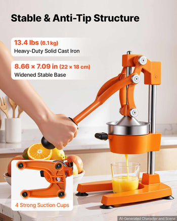 Manual Citrus Juicer, 15" Tall Hand Press Orange Juicer, Manual Fresh Juice Extractor for Lemon Pomegranate Grapefruit, Heavy-Duty Cast Iron, Easy to Clean, Home & Commercial Use, Orange
