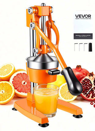 Manual Citrus Juicer, 15" Tall Hand Press Orange Juicer, Manual Fresh Juice Extractor for Lemon Pomegranate Grapefruit, Heavy-Duty Cast Iron, Easy to Clean, Home & Commercial Use, Orange