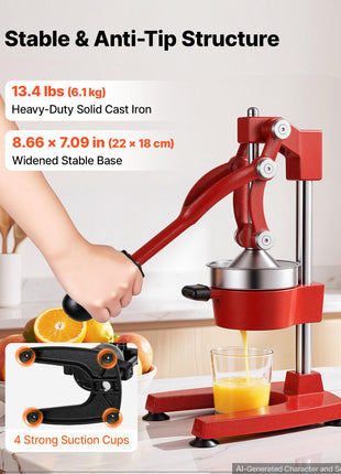 Manual Citrus Juicer, 15" Tall Hand Press Orange Juicer, Manual Fresh Juice Extractor for Lemon Pomegranate Grapefruit, Heavy-Duty Cast Iron, Easy to Clean, Home & Commercial Use, Red
