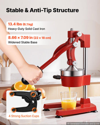 Manual Citrus Juicer, 15" Tall Hand Press Orange Juicer, Manual Fresh Juice Extractor for Lemon Pomegranate Grapefruit, Heavy-Duty Cast Iron, Easy to Clean, Home & Commercial Use, Red