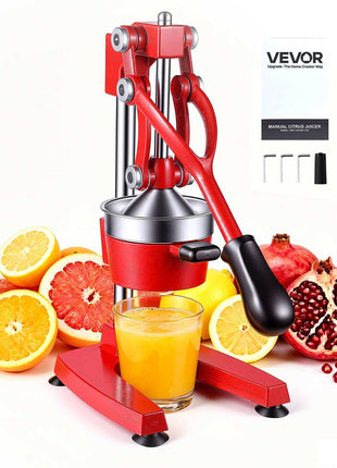 Manual Citrus Juicer, 15" Tall Hand Press Orange Juicer, Manual Fresh Juice Extractor for Lemon Pomegranate Grapefruit, Heavy-Duty Cast Iron, Easy to Clean, Home & Commercial Use, Red