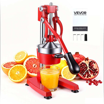 Manual Citrus Juicer, 15" Tall Hand Press Orange Juicer, Manual Fresh Juice Extractor for Lemon Pomegranate Grapefruit, Heavy-Duty Cast Iron, Easy to Clean, Home & Commercial Use, Red
