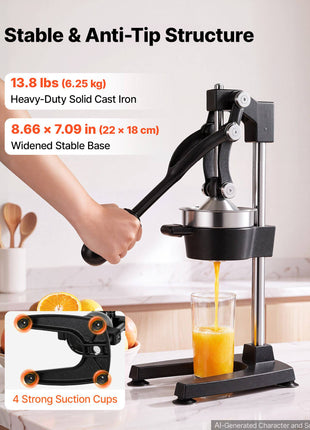 Manual Citrus Juicer, 19" Tall Hand Press Oranges Juicer, Manual Fresh Juice Extractor for Lemon Pomegranate Grapefruit, Heavy-Duty Cast Iron, Easy to Clean, Home & Commercial Use, Black