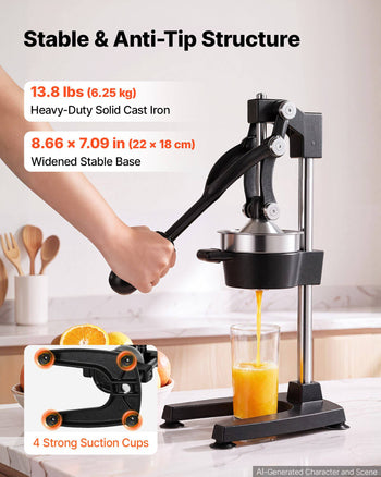Manual Citrus Juicer, 19" Tall Hand Press Oranges Juicer, Manual Fresh Juice Extractor for Lemon Pomegranate Grapefruit, Heavy-Duty Cast Iron, Easy to Clean, Home & Commercial Use, Black