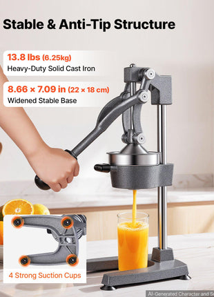 Manual Citrus Juicer, 19" Tall Hand Press Orange Juicer, Manual Fresh Juice Extractor for Lemon Pomegranate Grapefruit, Heavy-Duty Cast Iron, Easy to Clean, Home & Commercial Use, Silver Gray