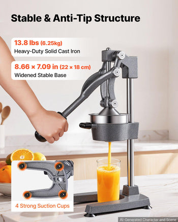 Manual Citrus Juicer, 19" Tall Hand Press Orange Juicer, Manual Fresh Juice Extractor for Lemon Pomegranate Grapefruit, Heavy-Duty Cast Iron, Easy to Clean, Home & Commercial Use, Silver Gray