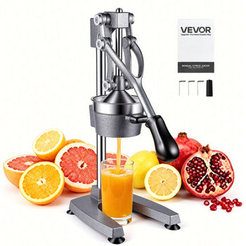 Manual Citrus Juicer, 19" Tall Hand Press Orange Juicer, Manual Fresh Juice Extractor for Lemon Pomegranate Grapefruit, Heavy-Duty Cast Iron, Easy to Clean, Home & Commercial Use, Silver Gray