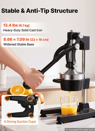 Manual Citrus Juicer, 15" Tall Hand Press Oranges Juicer, Manual Fresh Juice Extractor for Lemon Pomegranate Grapefruit, Heavy-Duty Cast Iron, Easy to Clean, Home & Commercial Use, Black