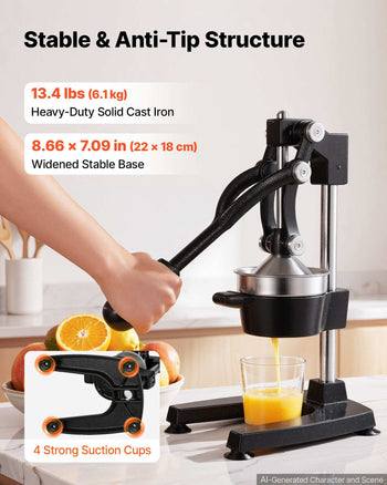 Manual Citrus Juicer, 15" Tall Hand Press Oranges Juicer, Manual Fresh Juice Extractor for Lemon Pomegranate Grapefruit, Heavy-Duty Cast Iron, Easy to Clean, Home & Commercial Use, Black