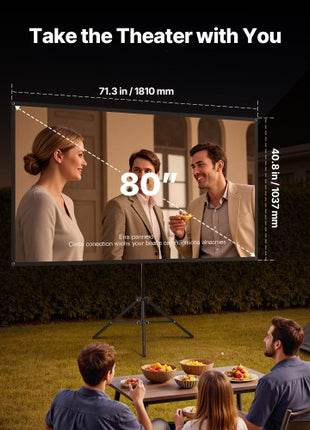 Projector Screen with Stand, 80 Inch 160° Wide Angle Indoor Outdoor Projection Screen, 16:9 4K HD Wrinkleless Portable Tripod Screens with Carry Bag, for Movie Home Theater Office Presentation