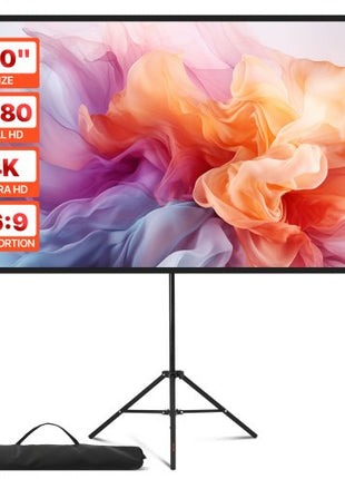 Projector Screen with Stand, 80 Inch 160° Wide Angle Indoor Outdoor Projection Screen, 16:9 4K HD Wrinkleless Portable Tripod Screens with Carry Bag, for Movie Home Theater Office Presentation