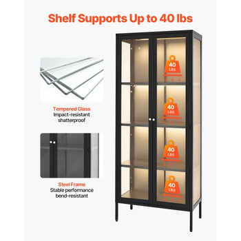 Display Cabinet with Glass Door, 66 in Tall 4-Tier Lighted Display Case with 3 Color Lights, Metal Storage Cabinet  with 3 Adjustable Shelves, Curio Cabinet for Collectibles Figures Trophy