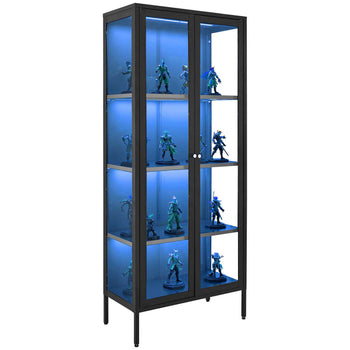 Display Cabinet with Glass Door, 66 in Tall 4-Tier Lighted Display Case with 3 Color Lights, Metal Storage Cabinet  with 3 Adjustable Shelves, Curio Cabinet for Collectibles Figures Trophy