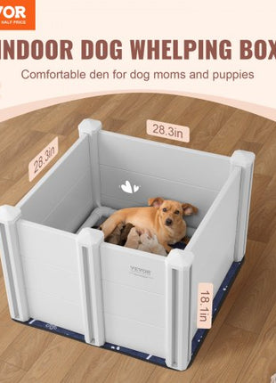 Dog Whelping Box, 28.3 x 28.3 x 18.1in Whelping Box for Dogs and Puppies, Whelping Pen for Puppies, Dog Birthing Box with Rails and Washable Pee Pad, Whelping Box for Small Breed Dogs, White