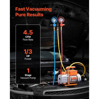 AC Vacuum Pump and Gauge Set, 4.5 CFM 1/3 HP, Single Stage Rotary Vane HVAC Vacuum Pump, A/C Manifold Gauge Kit, for R134a R22 R410a R1234YF R32, with Carry Bag, for Auto HVAC Air Conditioning