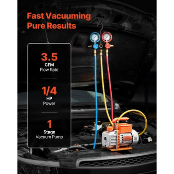 AC Vacuum Pump and Gauge Set, 3.5 CFM 1/4 HP, Single Stage Rotary Vane HVAC Vacuum Pump, A/C Manifold Gauge Kit, for R134a R22 R410a R1234YF R32, with Carry Bag, for Auto HVAC Air Conditioning