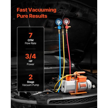 AC Vacuum Pump and Gauge Set, 7 CFM 3/4 HP, Two Stage Rotary Vane HVAC Vacuum Pump, A/C Manifold Gauge Kit, for R134a R22 R410a, with Leak Detector Carry Bag Hose, for Auto HVAC Air Conditioning