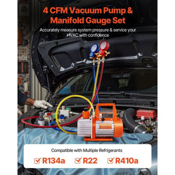 4 CFM AC Vacuum Pump and Gauge Set, 1/3 HP, Single Stage Rotary Vane HVAC Air Vacuum Pump, A/C Refrigerant Manifold Gauge Kit, with Leak Detector, Carry Bag, for R134a R22 R410a Refrigerants