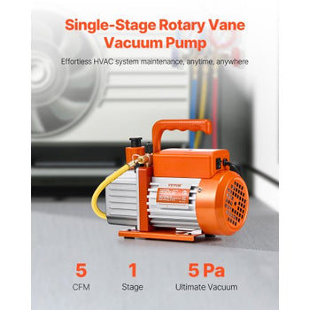 Vacuum Pump, 5 CFM, HVAC Single Stage Rotary Vane Vacuum Pump, for R134a R22 R410a Systems, Auto AC Vacuum Pump Kit with Oil Bottle, for Automotive Air Conditioner Maintenance Resin Degassing