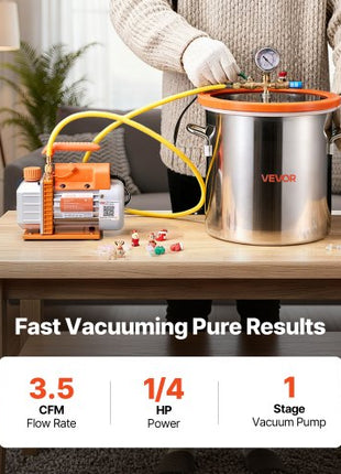 5 Gallon Vacuum Chamber with Pump, 3.5 CFM, Single Stage Vacuum Pump, Stainless Steel Degassing Chamber Kit with Tempered Glass Lid, 5 ft Hose, for Stabilizing Wood Degassing Silicone Resin