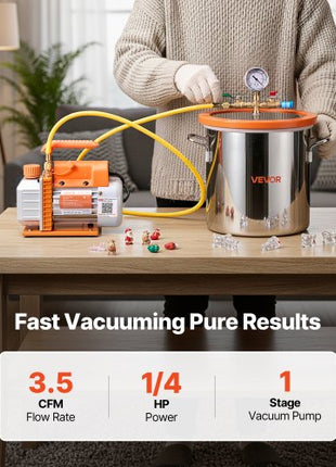 3 Gallon Vacuum Chamber with Pump, 3.5 CFM, Single Stage Vacuum Pump, Stainless Steel Degassing Chamber Kit with Tempered Glass Lid, 5 ft Hose, for Stabilizing Wood Degassing Silicone Resin