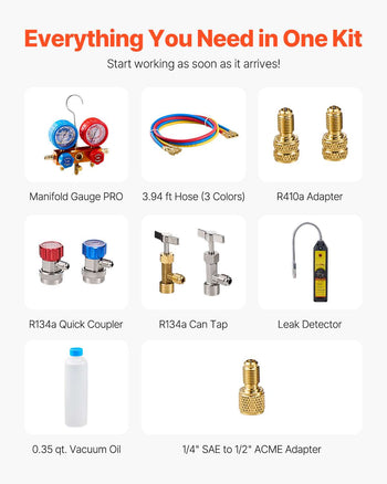 4.5 CFM AC Vacuum Pump and Gauge Set, Single Stage Rotary Vane HVAC Air Vacuum Pump, A/C Refrigerant Manifold Gauge Kit, with Leak Detector Hoses, for R134a, R12, R22, R502a, R410A, R404, R407C